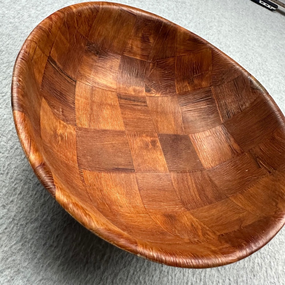 Vtg Mid Century Woven Wood Parquet Salad Fruit Serving Bowl 10 Inch